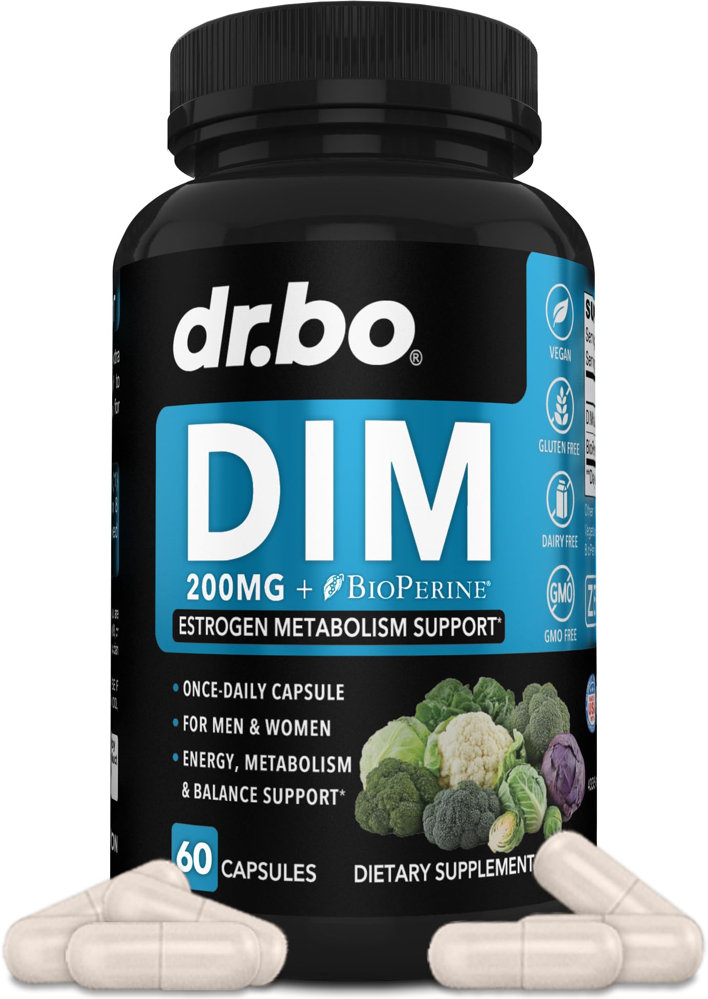 DIM supplement bottle with 200mg per capsule for women and men