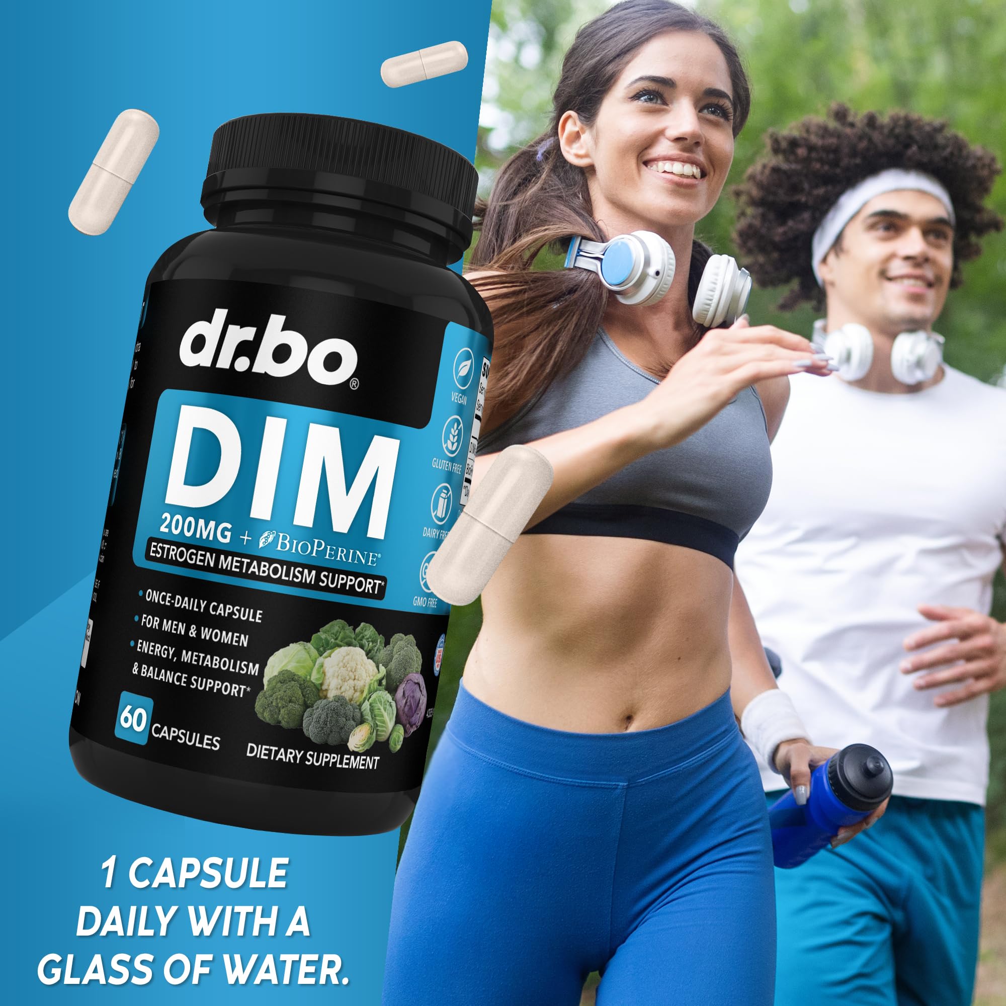 DIM capsules arranged in a line with dosage information