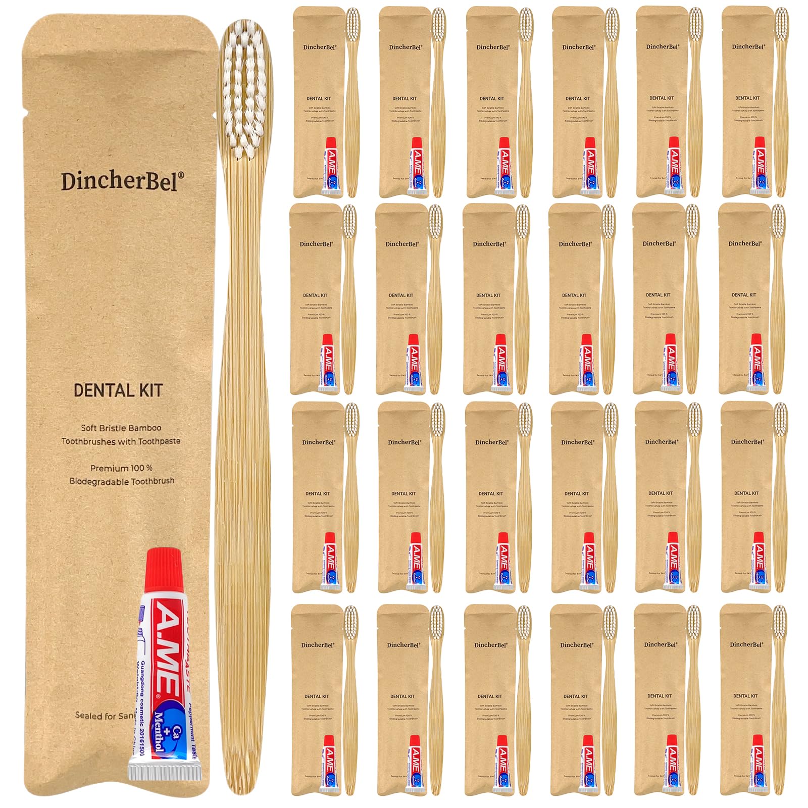 DincherBel bamboo toothbrush kit – 50-pack, individually wrapped