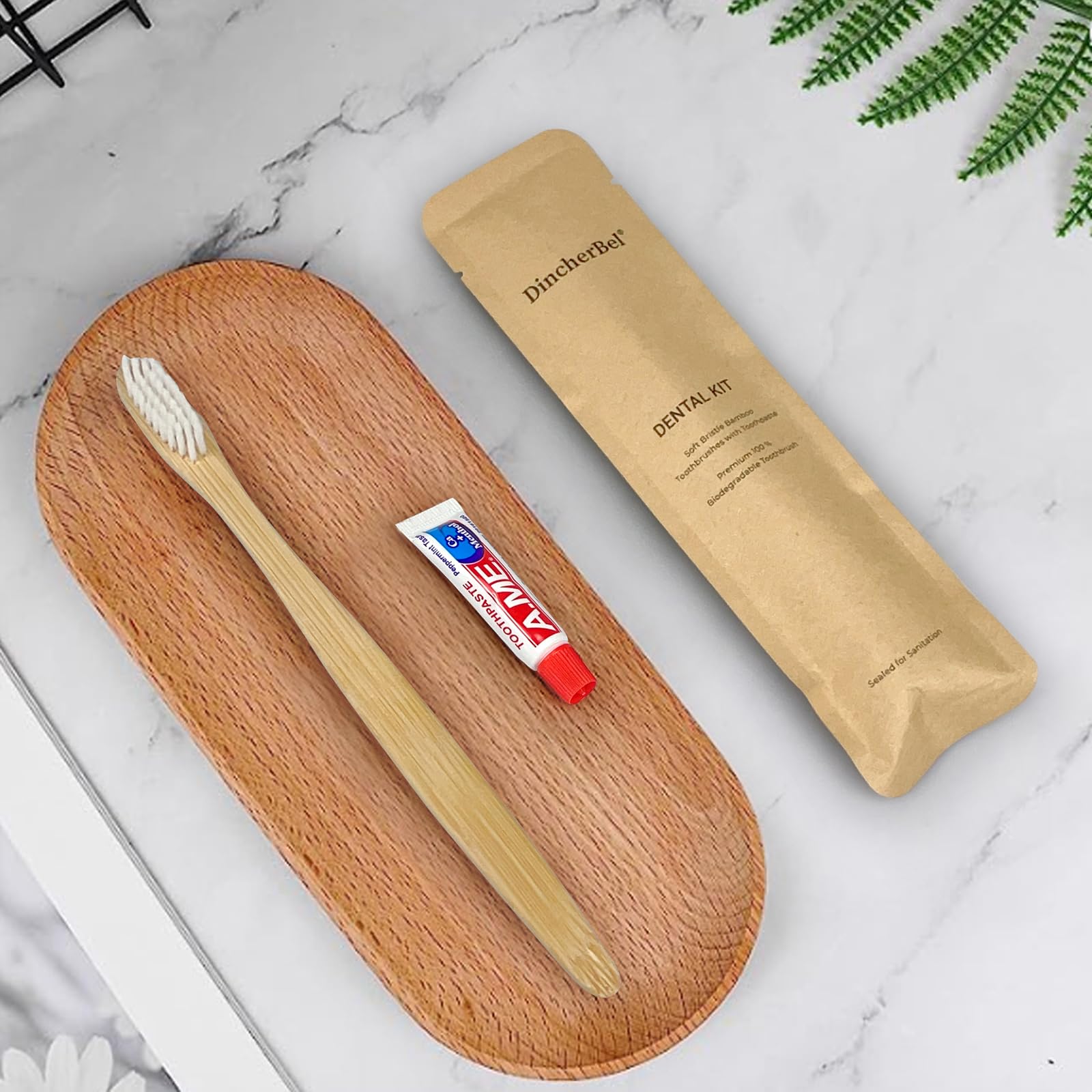 Travel-friendly bamboo toothbrush kit with toothpaste in bulk