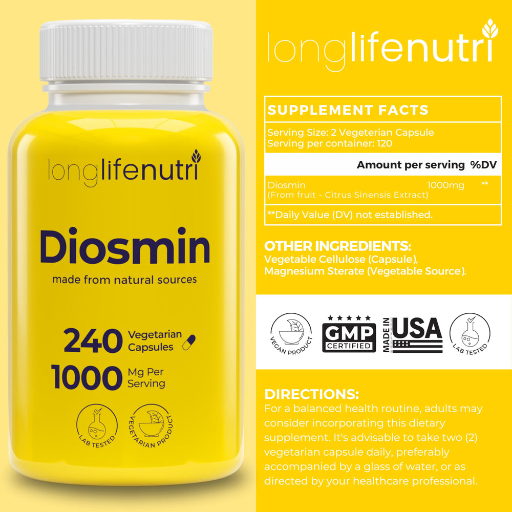 Close-up of the Diosmin 1000mg advanced formula label
