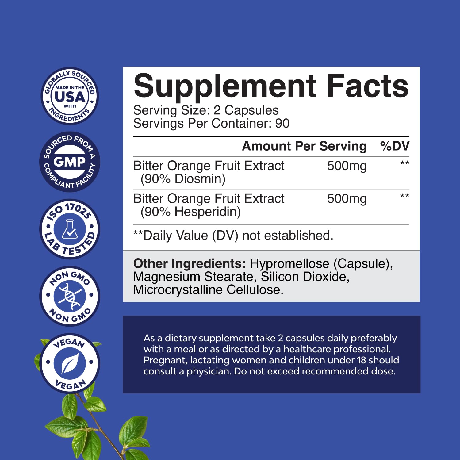 Close-up of two capsules showing 500mg hesperidin and 500mg diosmin