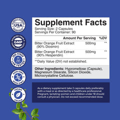 Close-up of two capsules showing 500mg hesperidin and 500mg diosmin