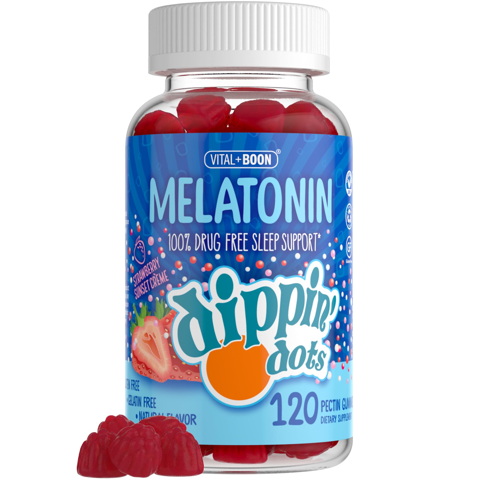 Front view of Dippin' Dots Melatonin Sleep Support Gummies Strawberry Sunset Creme flavor 120-count bottle