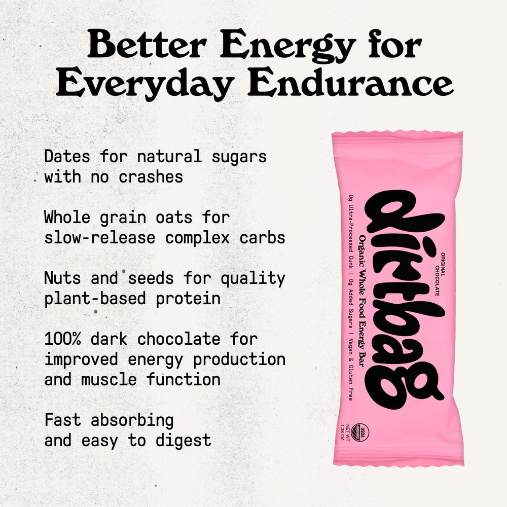 Dirtbag Bar chewy texture closeup – fudge-brownie flavor with a light crunch.