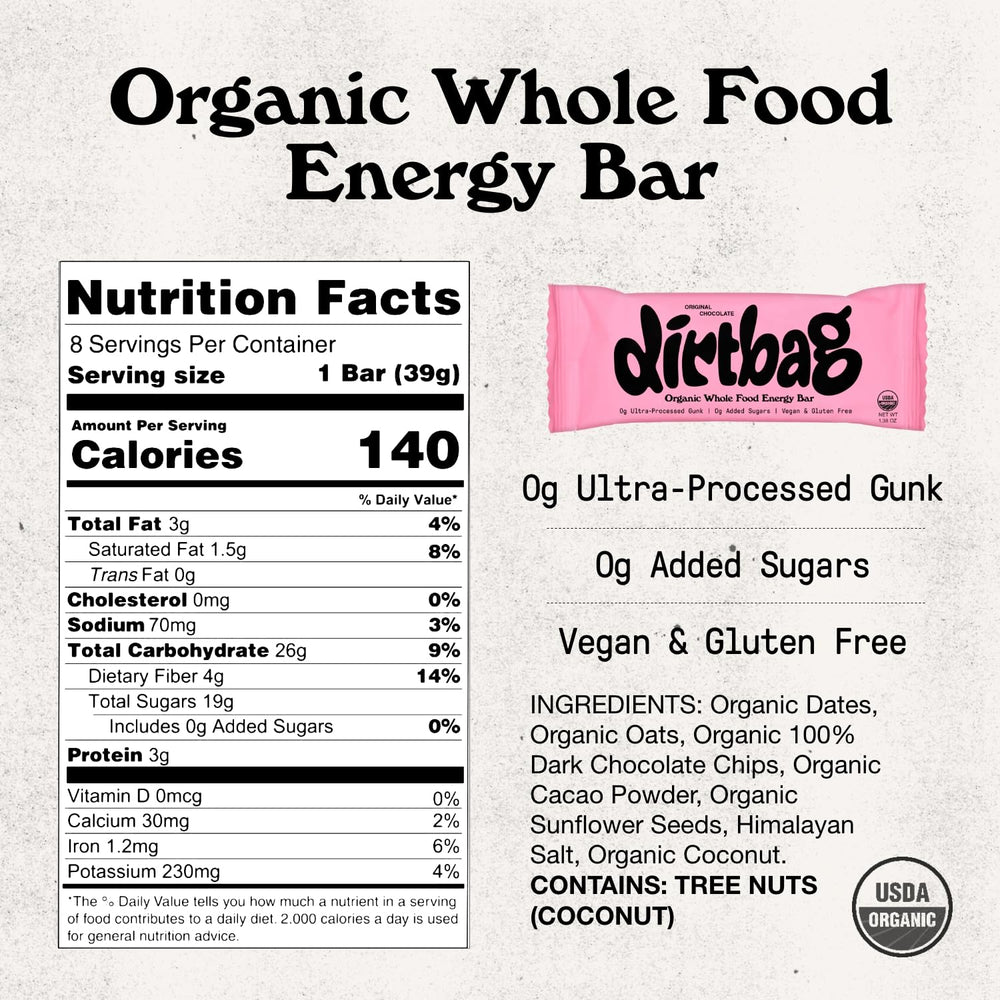 Dirtbag Bar Original Chocolate packaging – easy to stash in your gym bag.