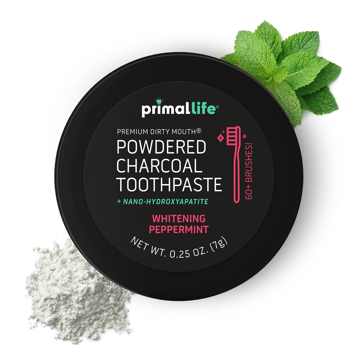Primal Life Organics Dirty Mouth Toothpowder jar with Black Peppermint label