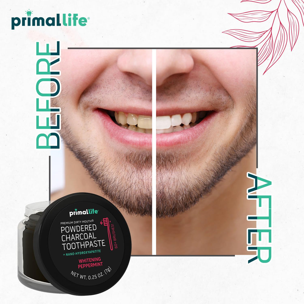 Peppermint essential oil bottle beside toothpowder