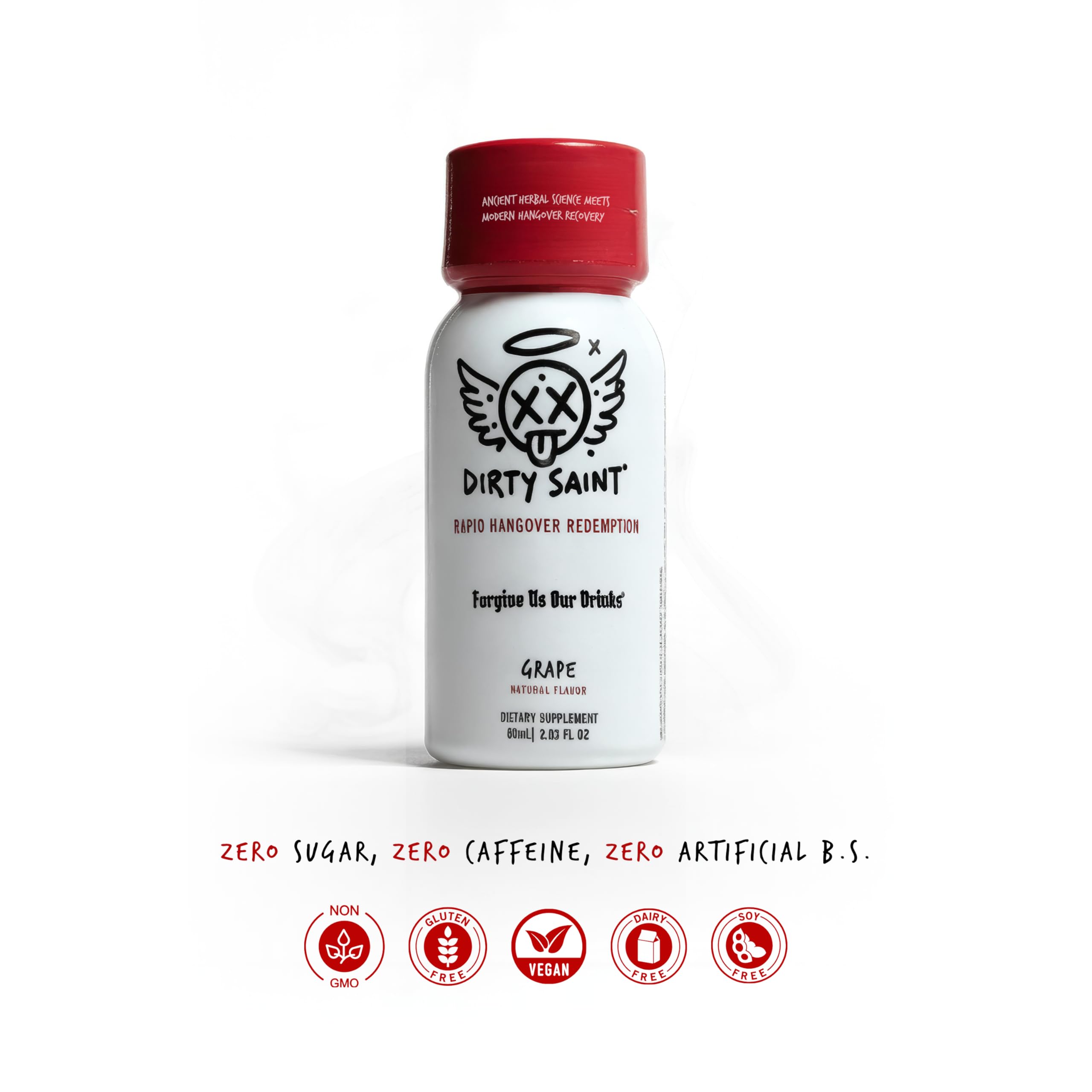DIRTY SAINT Hangover Shot grape flavor bottle-ingredients highlights NAC, Milk Thistle, electrolytes for hydration.