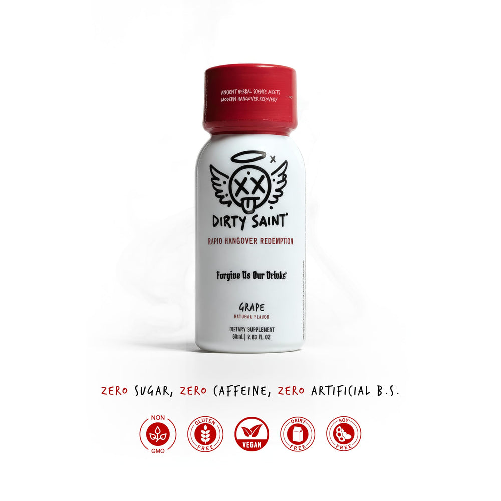 DIRTY SAINT Hangover Shot grape flavor bottle-ingredients highlights NAC, Milk Thistle, electrolytes for hydration.