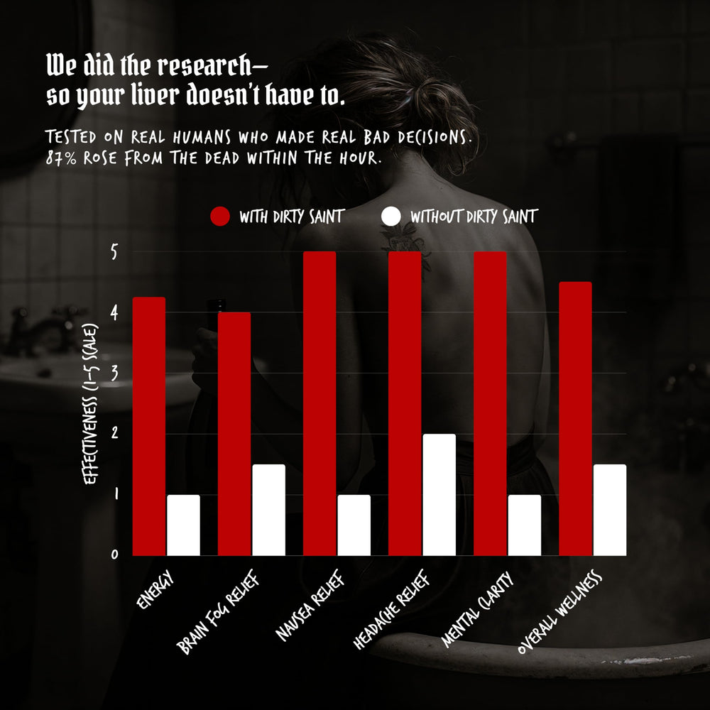 DIRTY SAINT Hangover Shot pocket-carry evokes on-the-go hydration after nights out.