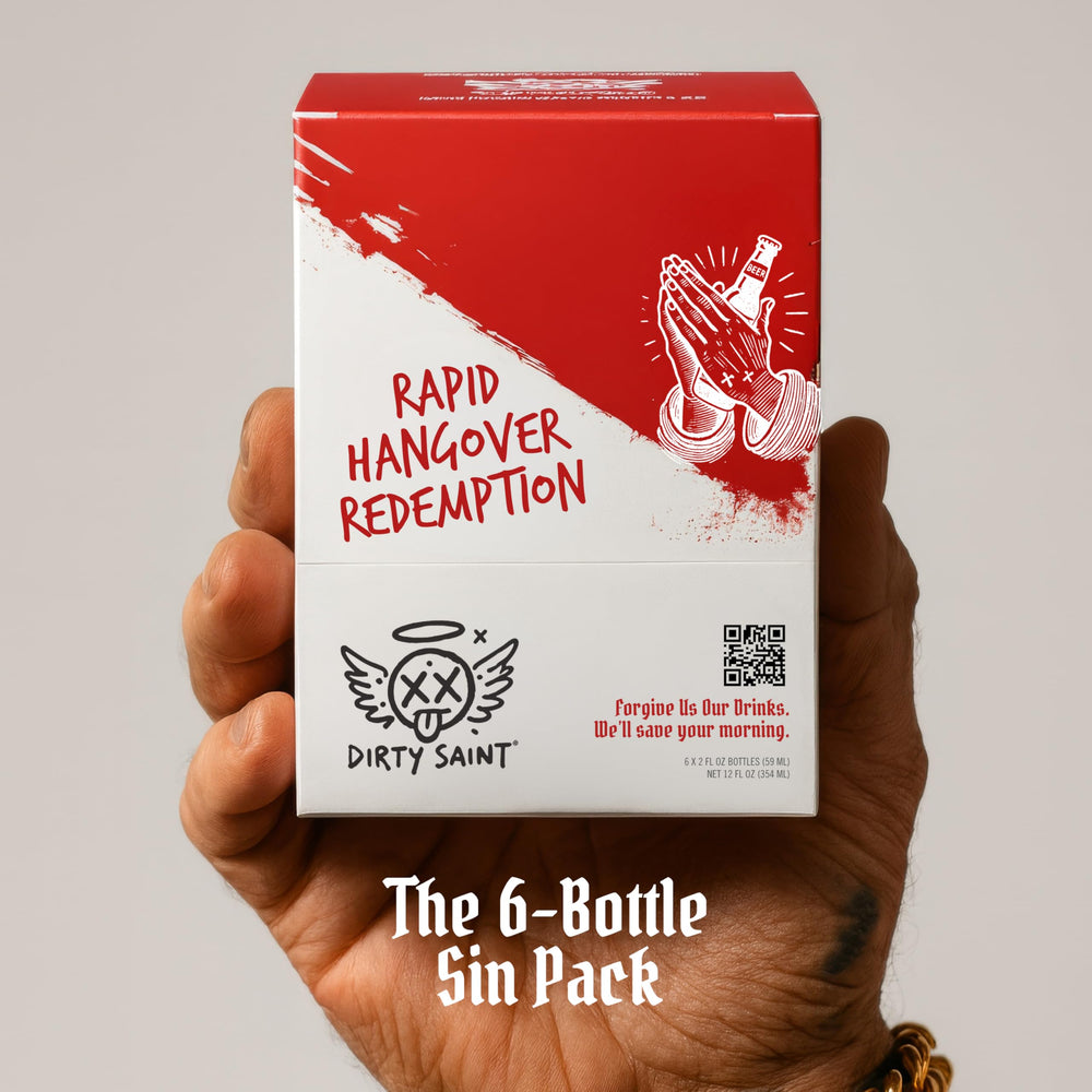 DIRTY SAINT Hangover Shot pour-into-glass demonstrates quick-dose ritual for morning-after relief.