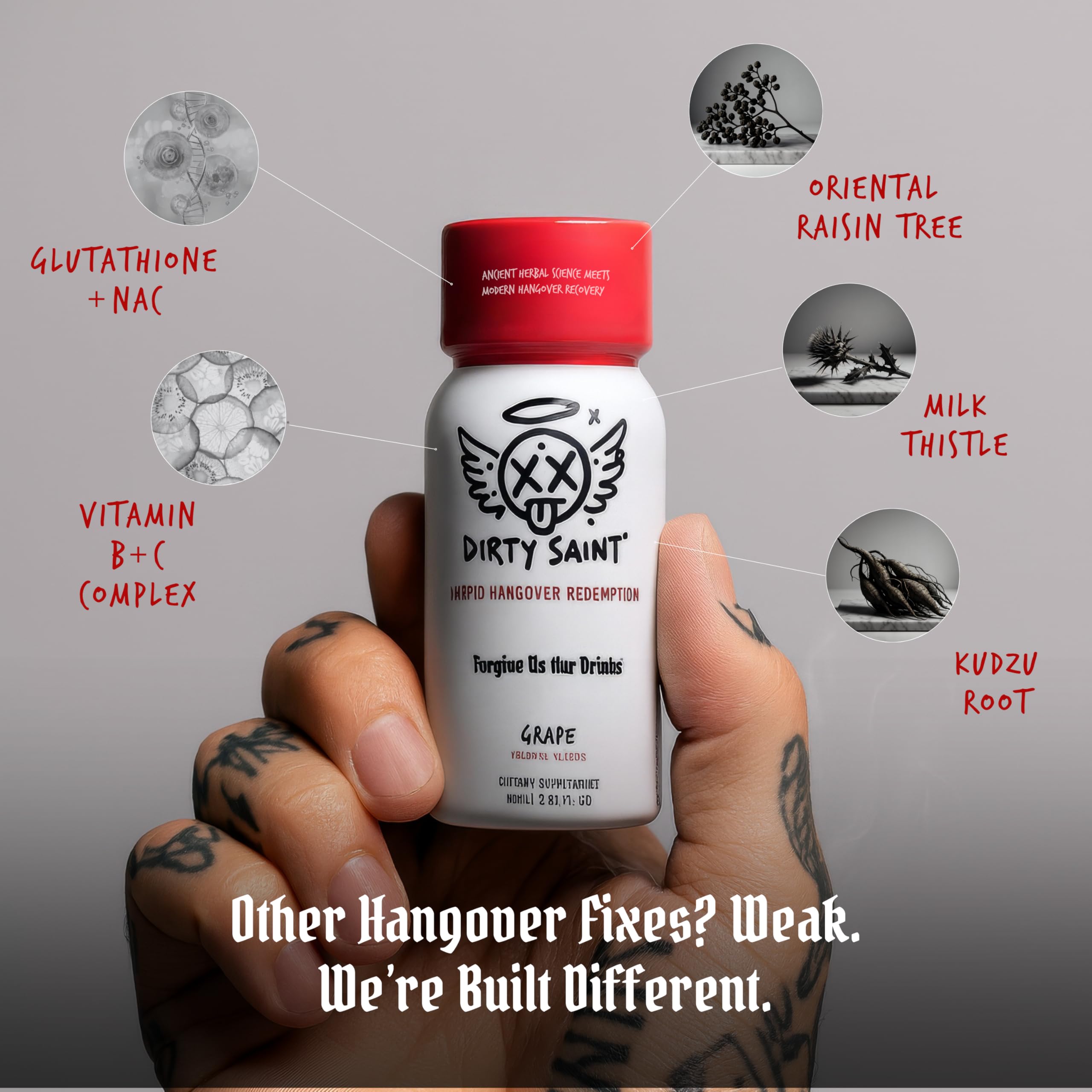 DIRTY SAINT Hangover Shot travel-size 2oz demonstrates portable recovery companion for busy mornings.