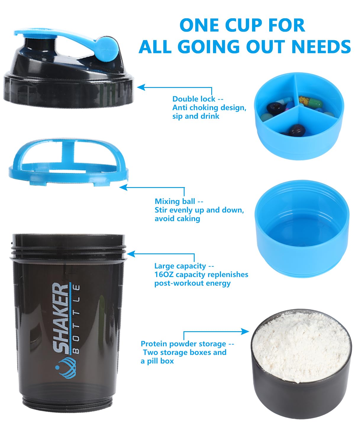 Dishwasher-safe protein shaker bottle with storage