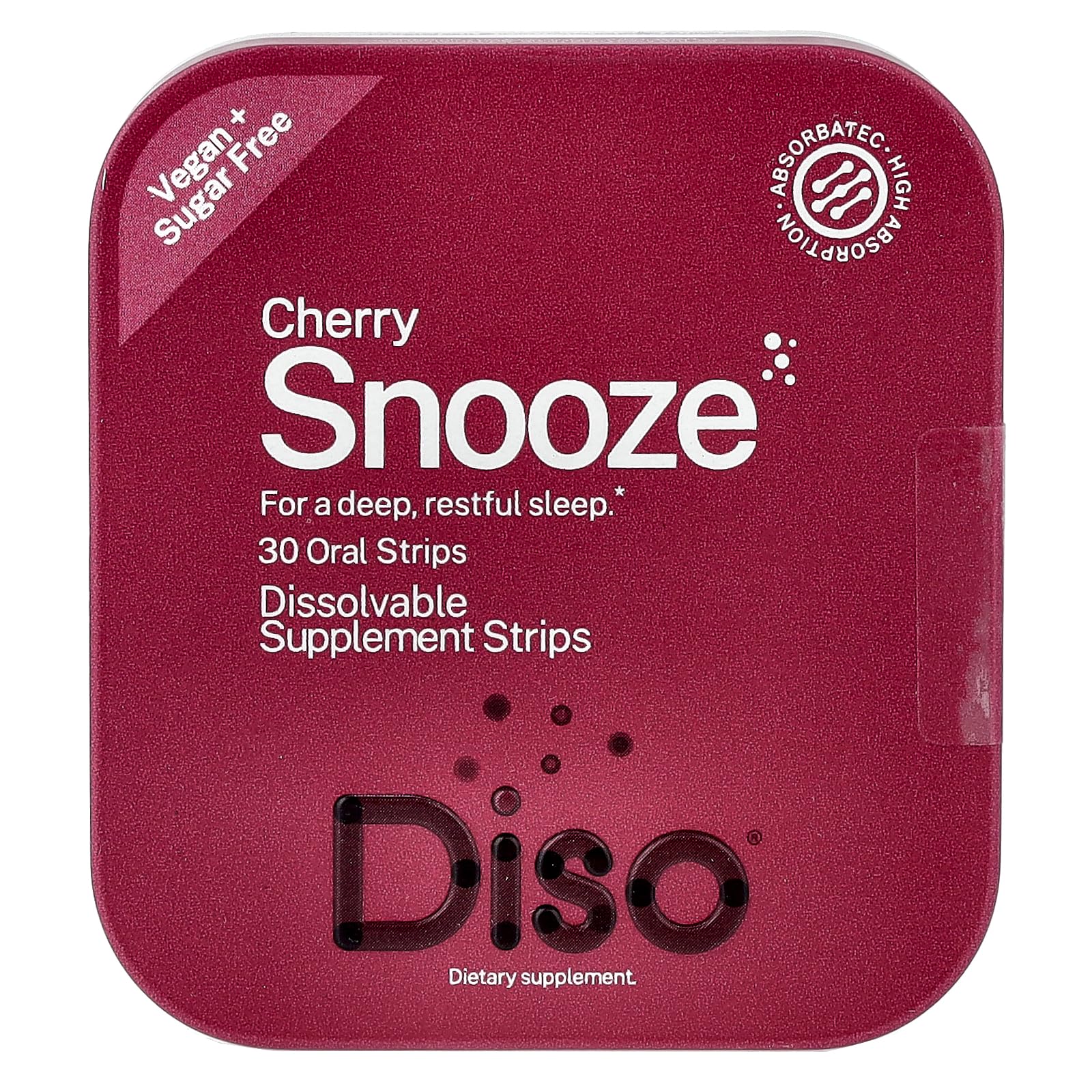 DISO Snooze cherry-flavored fast-dissolving sleep strips, 30-count, vegan and sugar-free