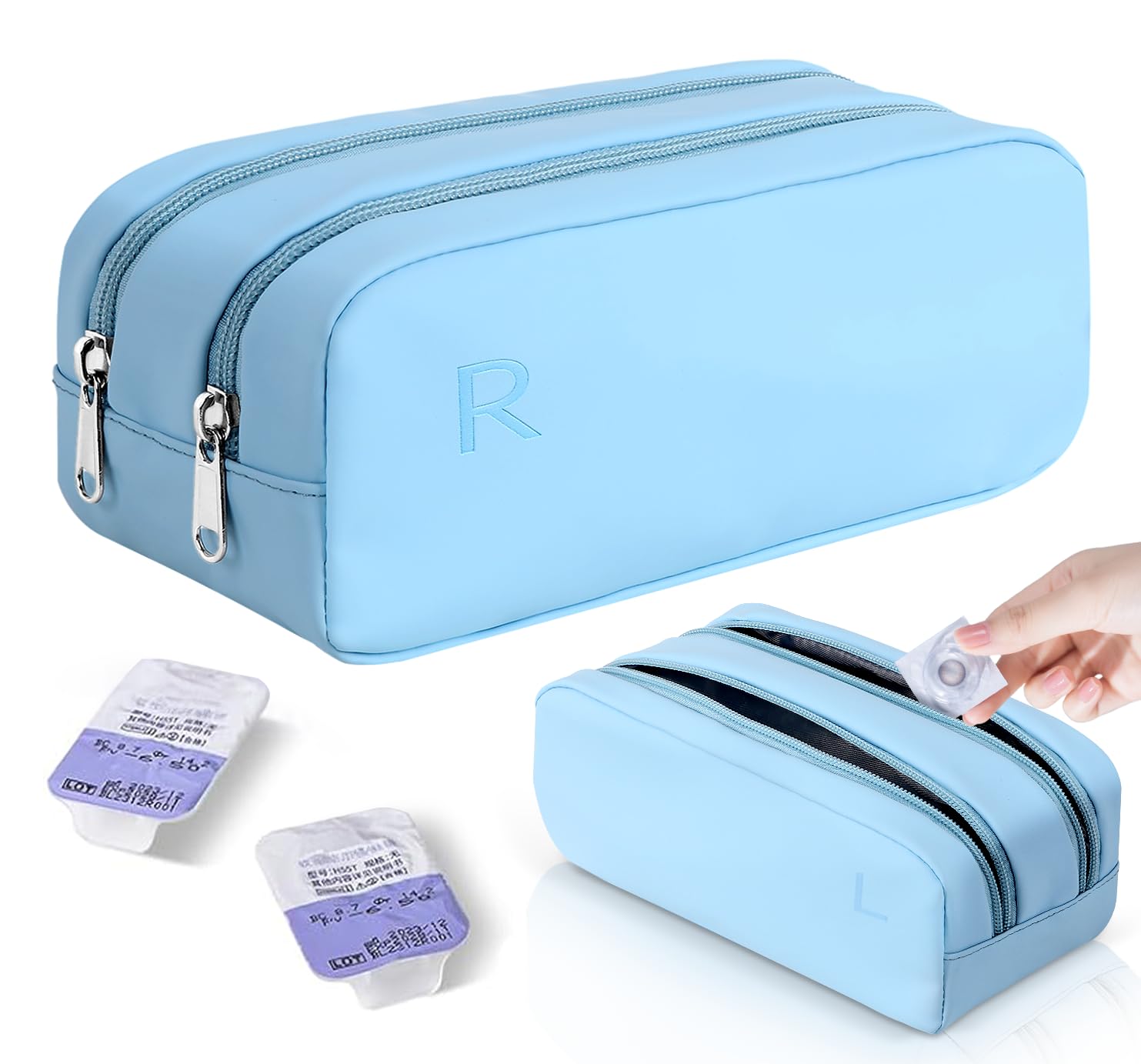 Blue disposable daily contact lens case with left and right markings
