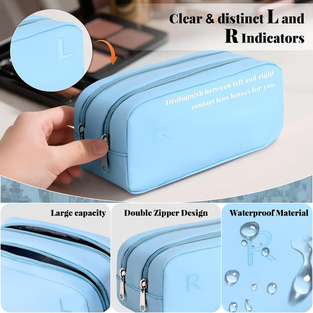 Close-up of two zippered compartments labeled R and L