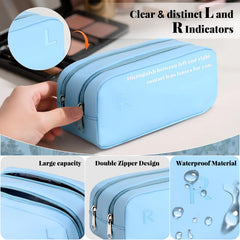 Close-up of two zippered compartments labeled R and L