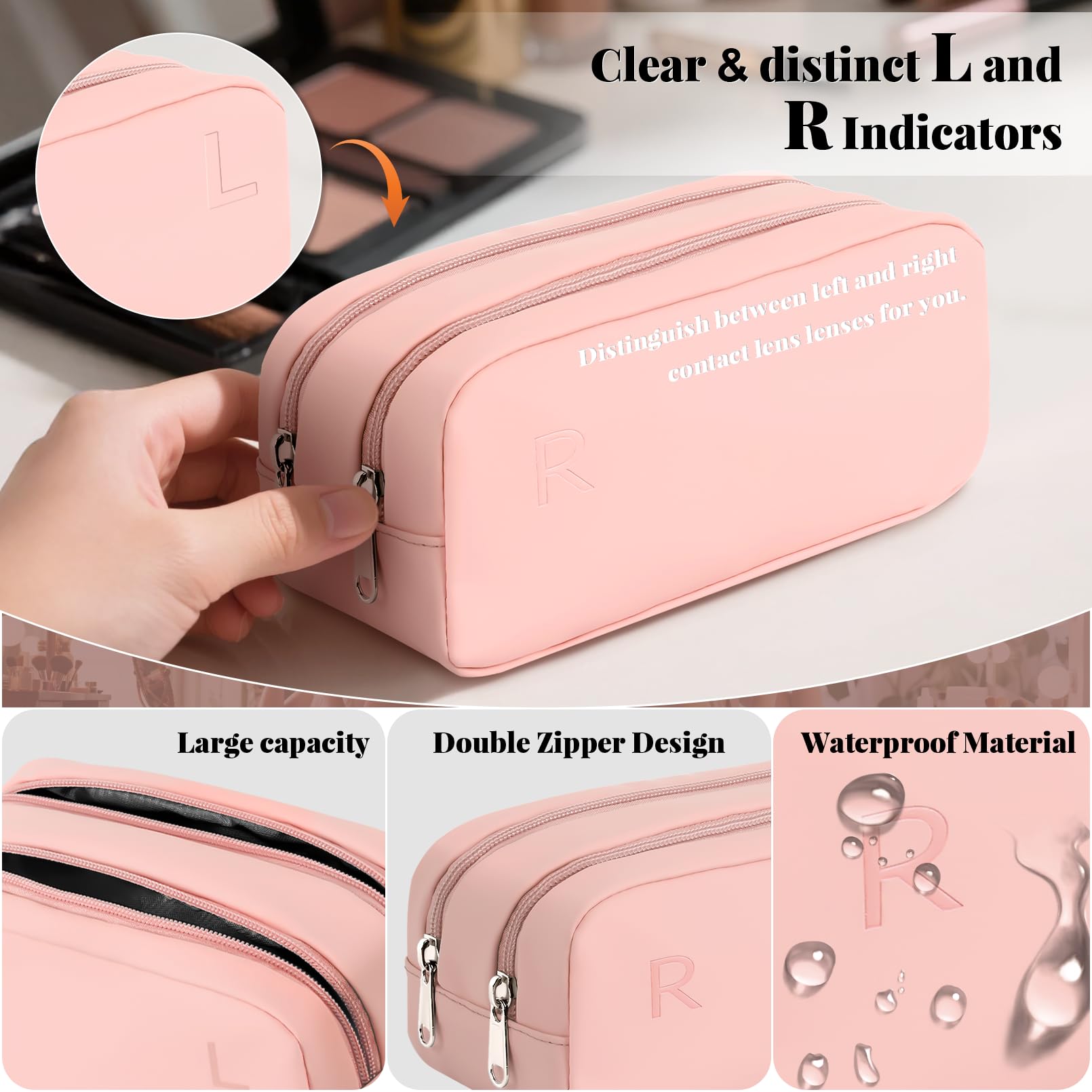 Close-up of water-resistant material of the pink lens case