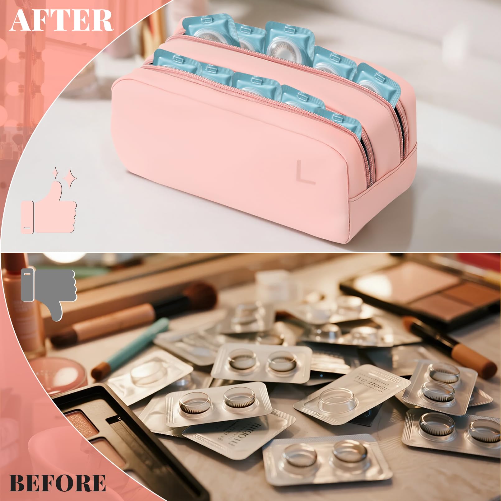Compact travel-friendly pink contact lens case placed in a bag