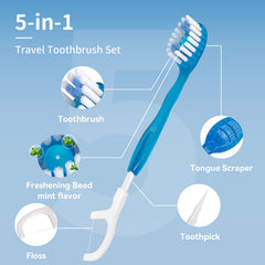 Mini travel toothbrush showing built-in toothpaste bead and floss
