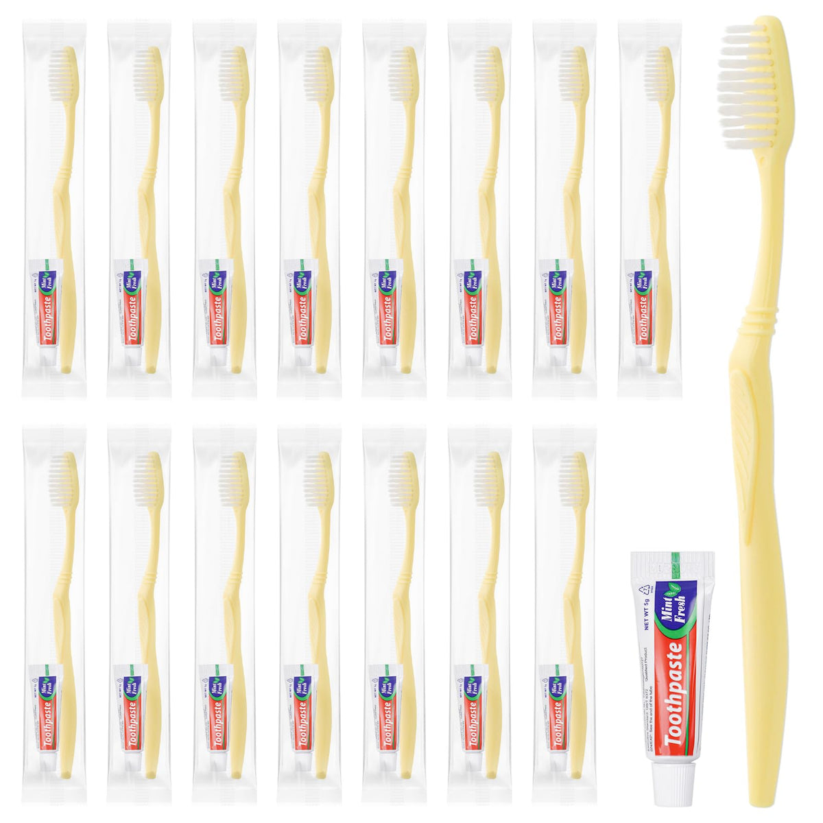 Front view of 30-pack disposable toothbrush and toothpaste set