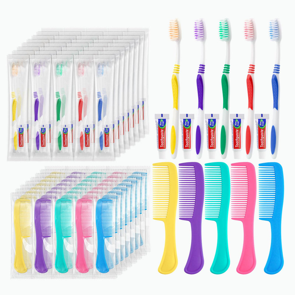 Bulk 50-pack disposable travel hygiene kits with toothbrush, toothpaste, and comb