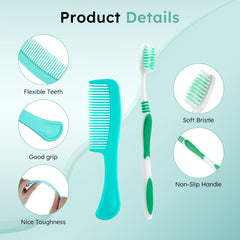 Assorted colors toothbrushes in travel kits: green, red, yellow, blue, purple