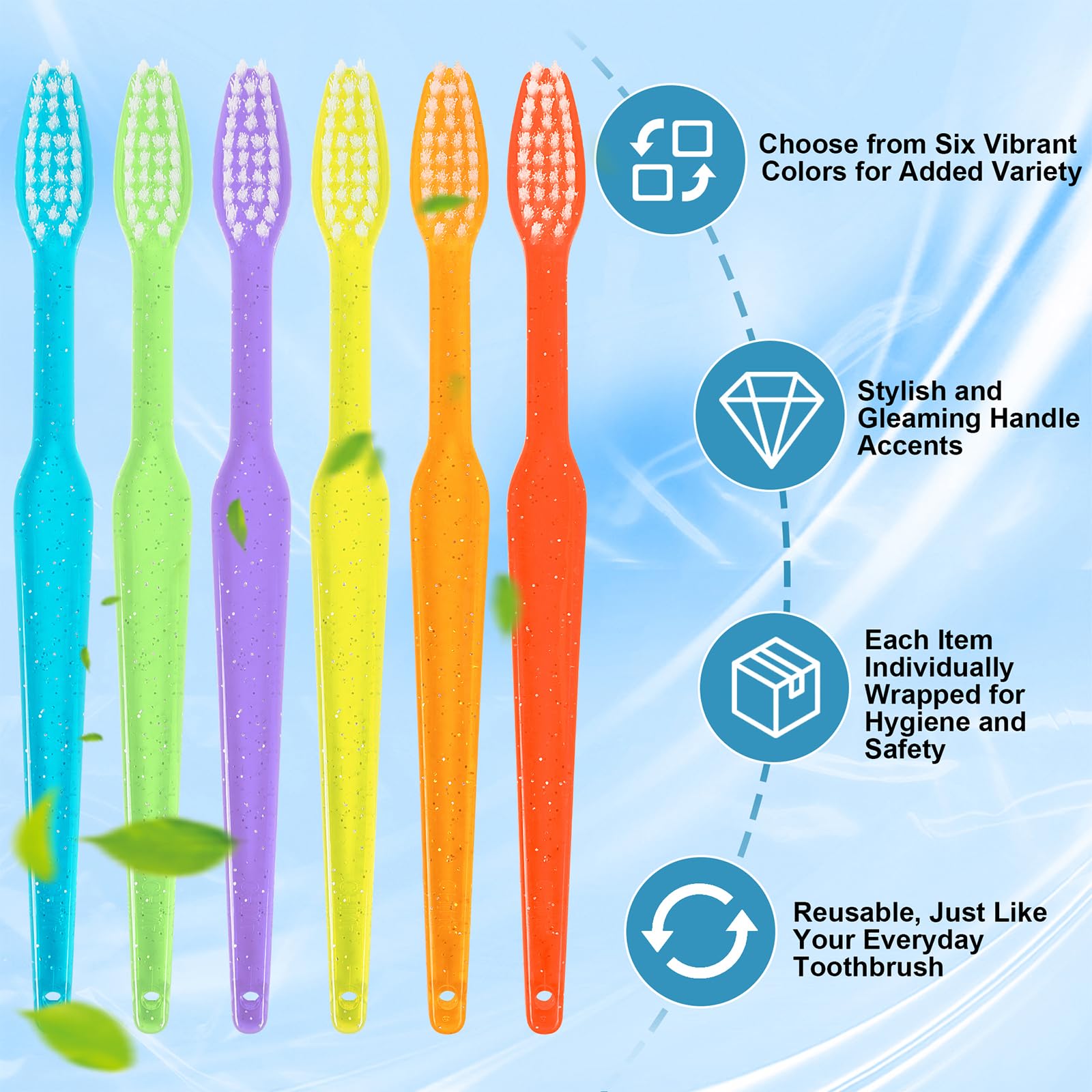 Disposable travel toothbrush with orange handle and decorative dots