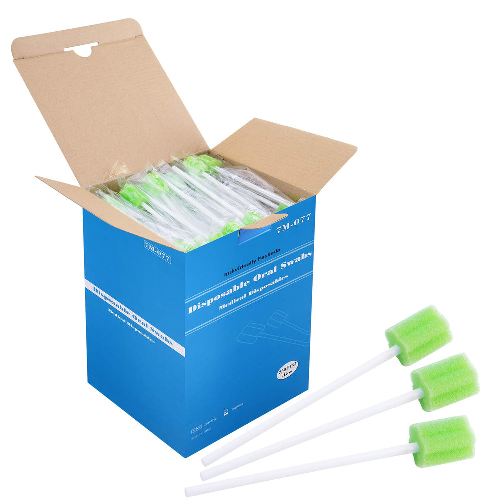 Disposable oral care swabs with sponge and paper rod in Green and Plum colors