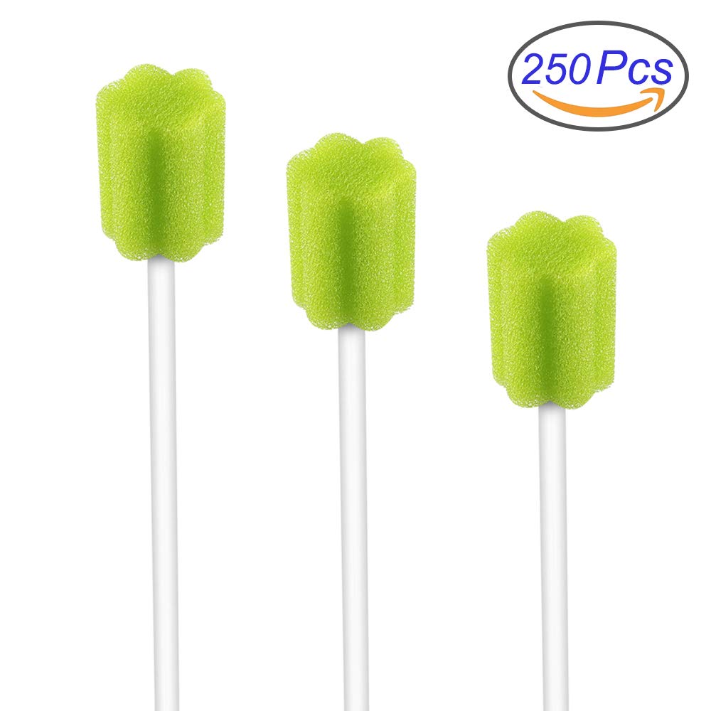 Pack of 250 disposable oral care swabs in green and plum