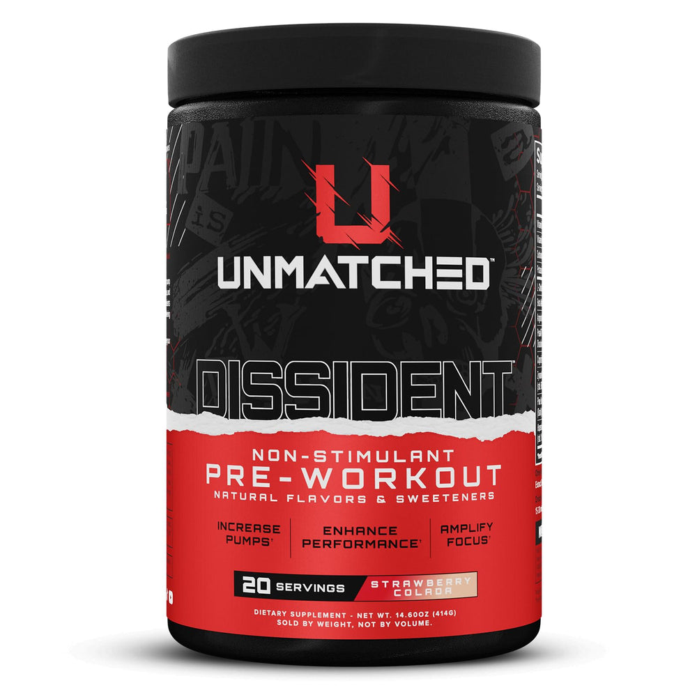 Dissident Non-Stim Pre-Workout Powder container in Strawberry Colada flavor