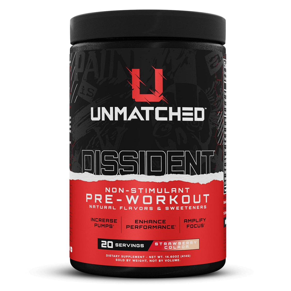 Dissident Non-Stim Pre-Workout Powder container in Strawberry Colada flavor