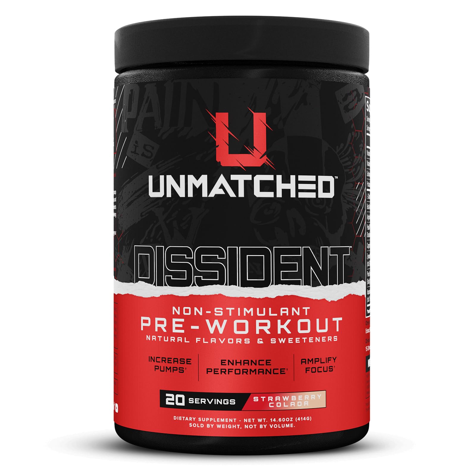 Unmatched Dissident Non-Stim Pre-Workout Powder Strawberry Colada tub with scoop