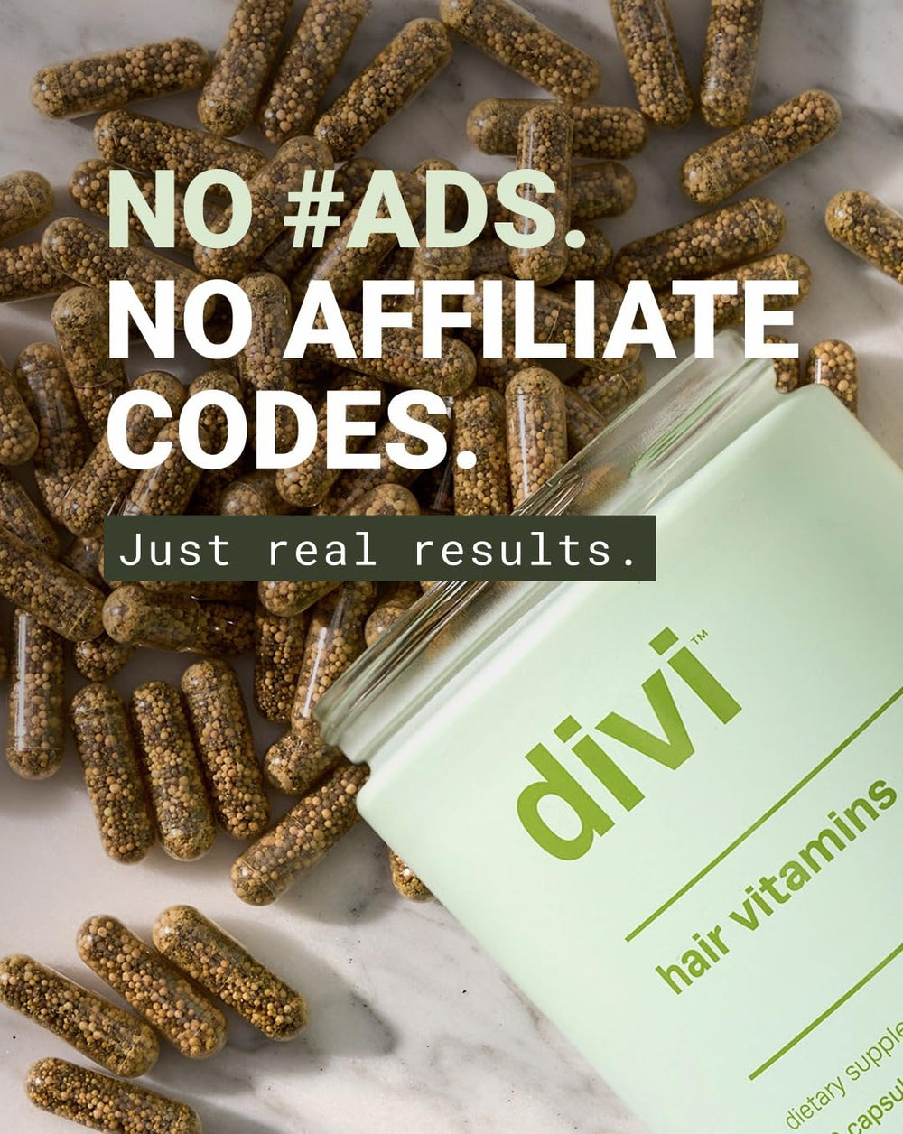Divi Hair Vitamins bottle close-up with label details.