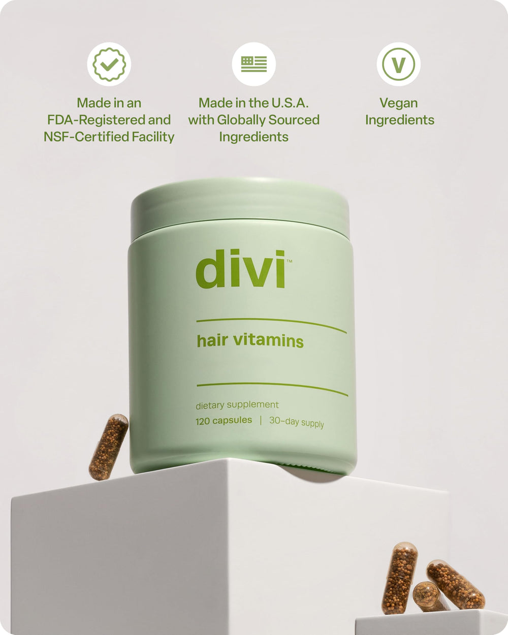 Divi Hair Vitamins packaging and branding on display.
