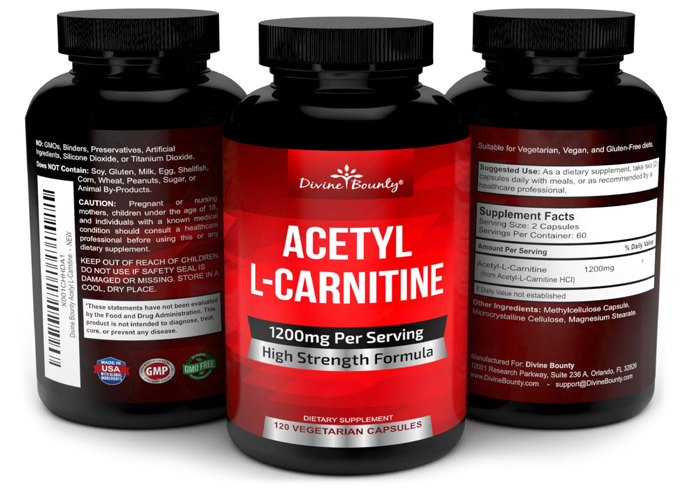 Bottle packaging for Divine Bounty Acetyl L-Carnitine 120 vegetarian capsules