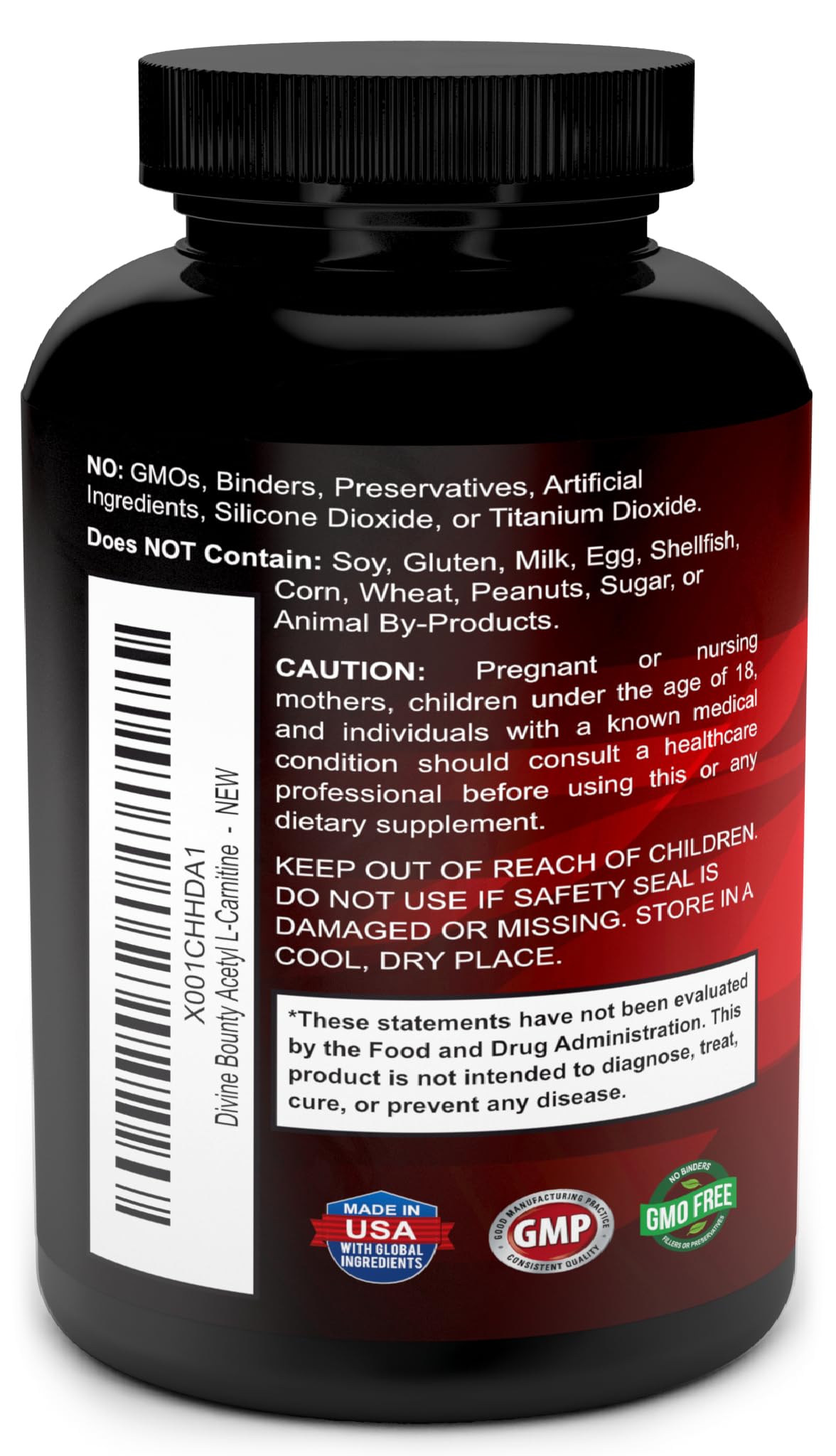 Ingredients: Acetyl L-Carnitine (ALCAR) – GMO-free, soy-free, gluten-free
