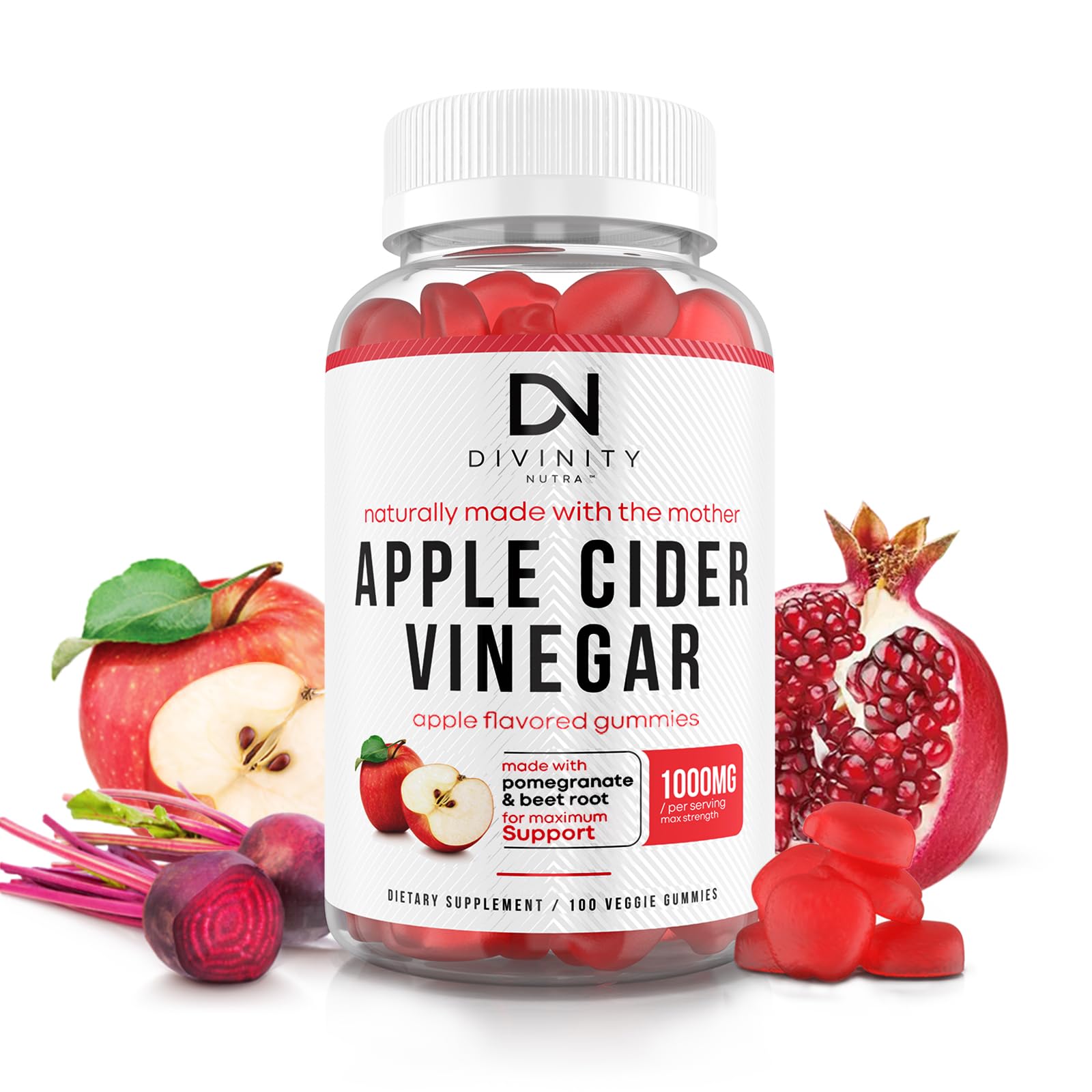 Divinity Nutra Apple Cider Vinegar Gummies with Mother bottle for daily metabolism support.