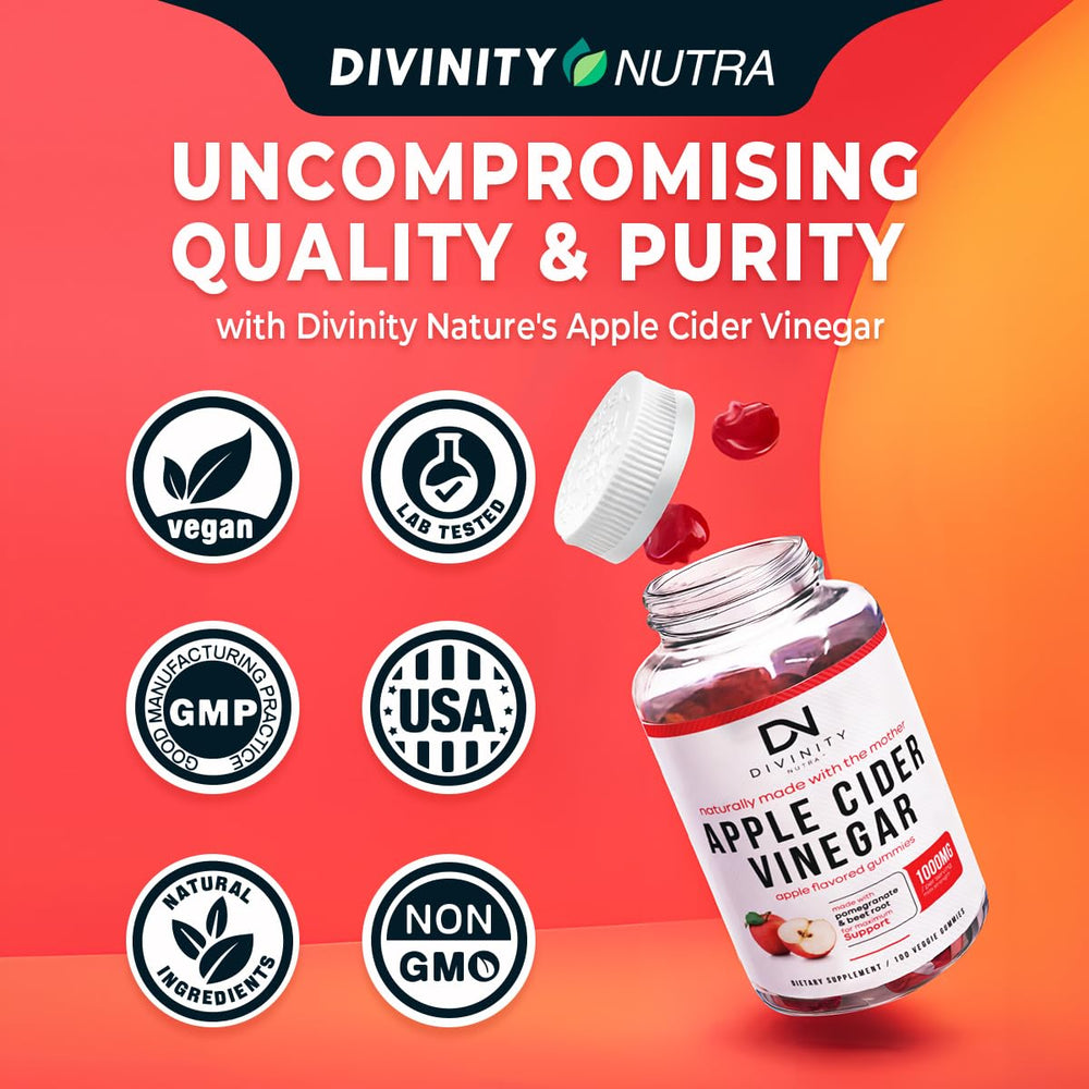 Divinity Nutra gummies showing beet and pomegranate powders for digestion support.