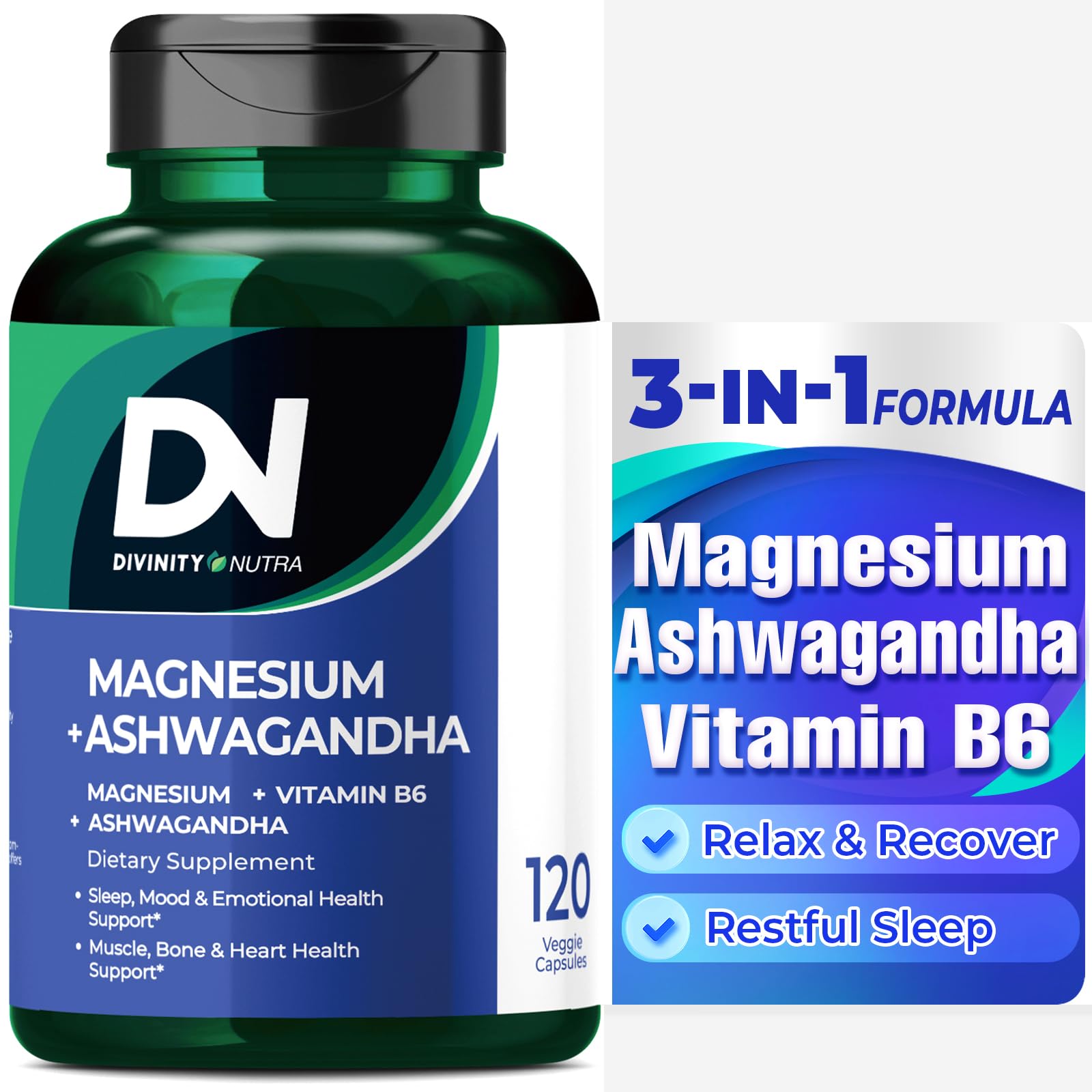 Divinity Nutra Magnesium Ashwagandha supplement bottle and label