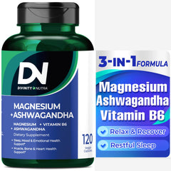 Divinity Nutra Magnesium Ashwagandha supplement bottle and label