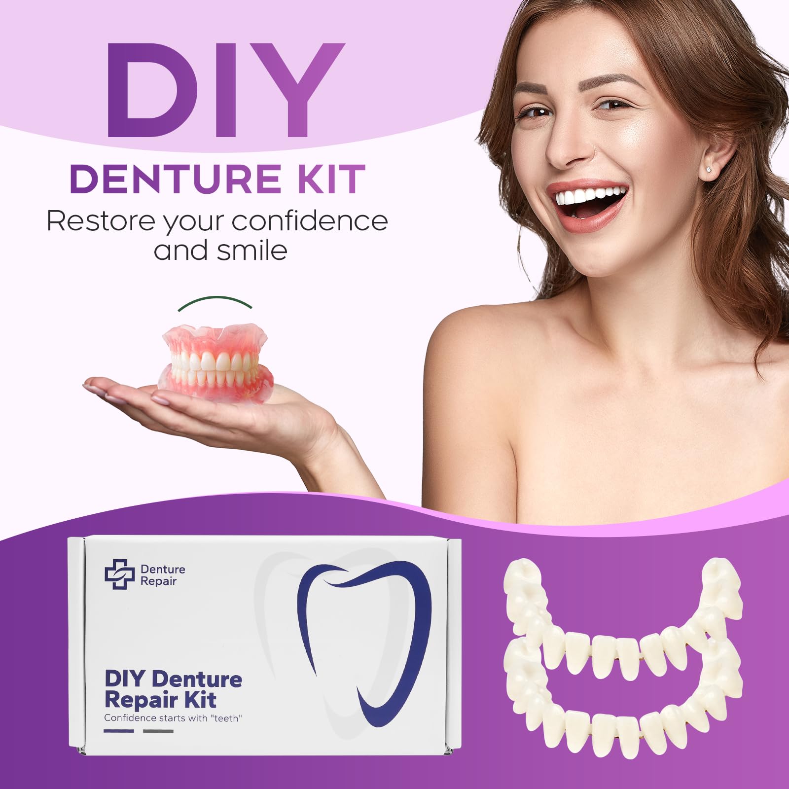 Moldable material included for custom dentures