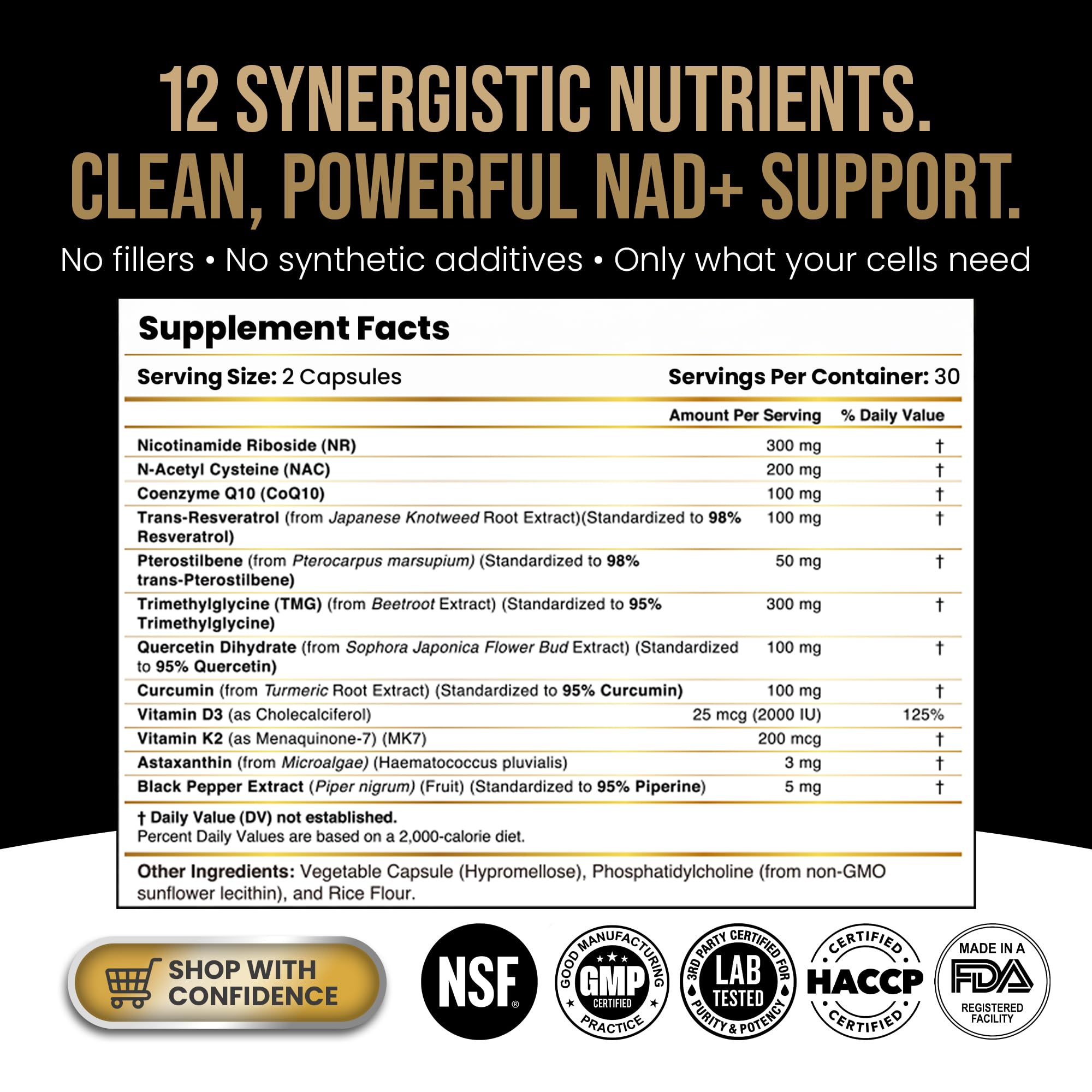 12-nutrient synergy with NR, Resveratrol, Pterostilbene, Quercetin and CoQ10