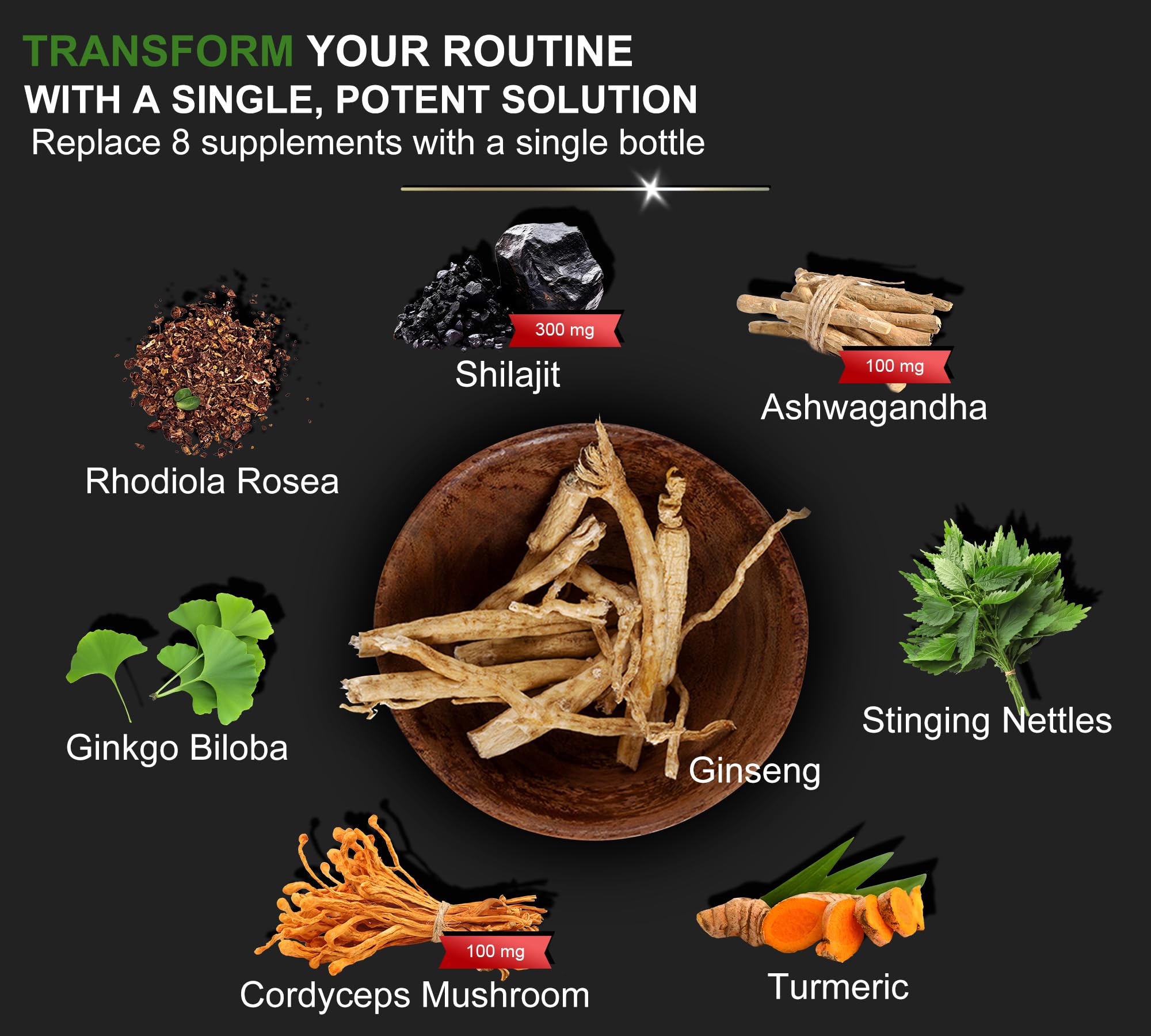 Close-up of DLNIA 8-in-1 Shilajit ingredients