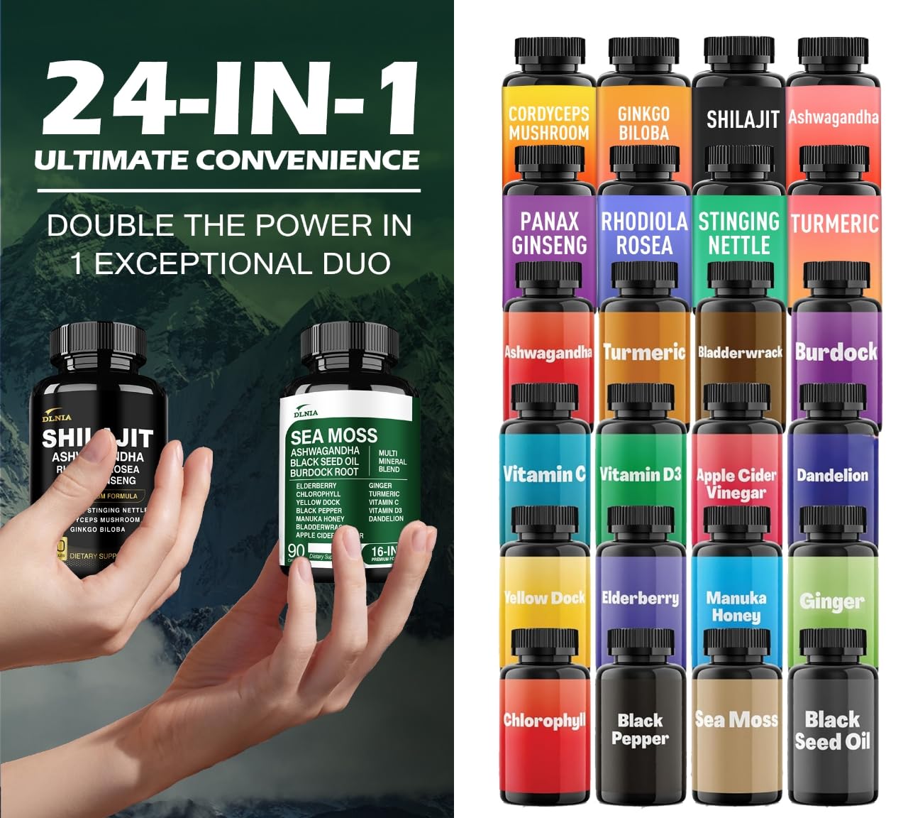 Product features chart showing 8-in-1 and 16-in-1 benefits