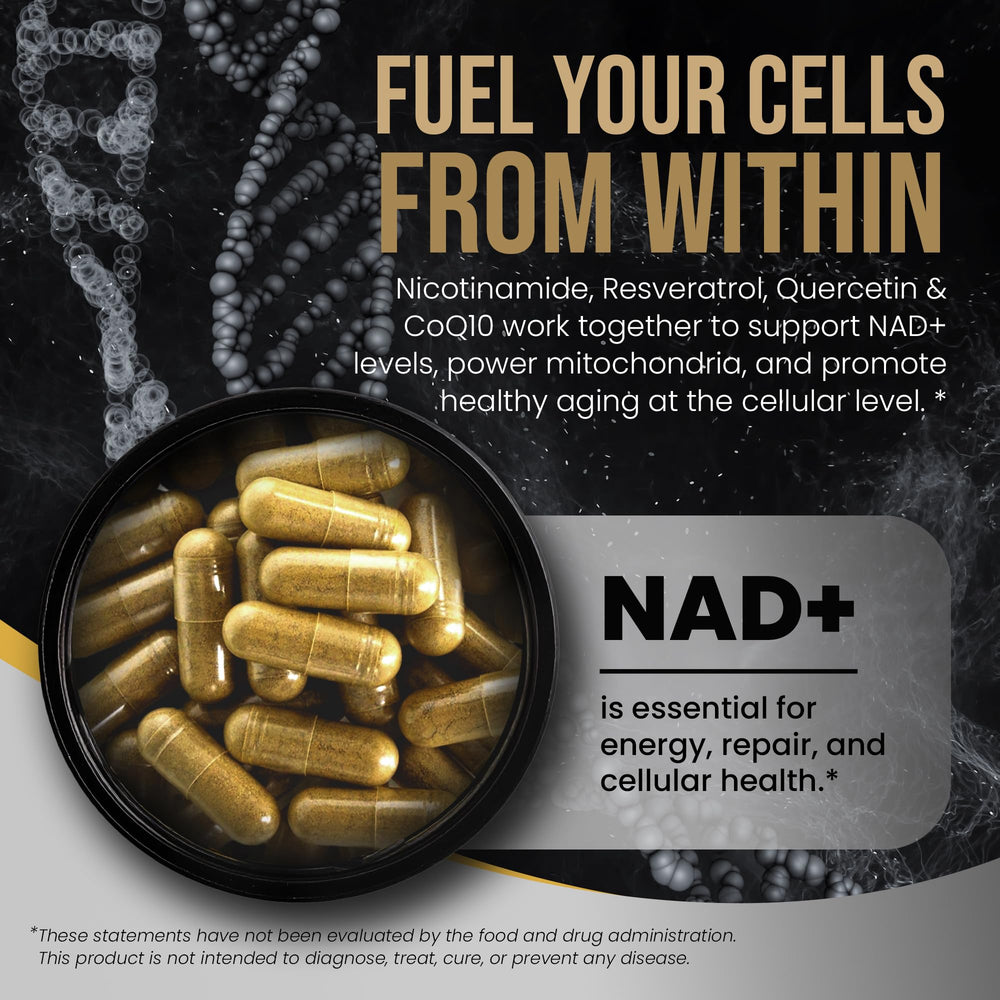 Key ingredients: NR, Resveratrol, Pterostilbene, CoQ10, NAC, TMG, D3, K2