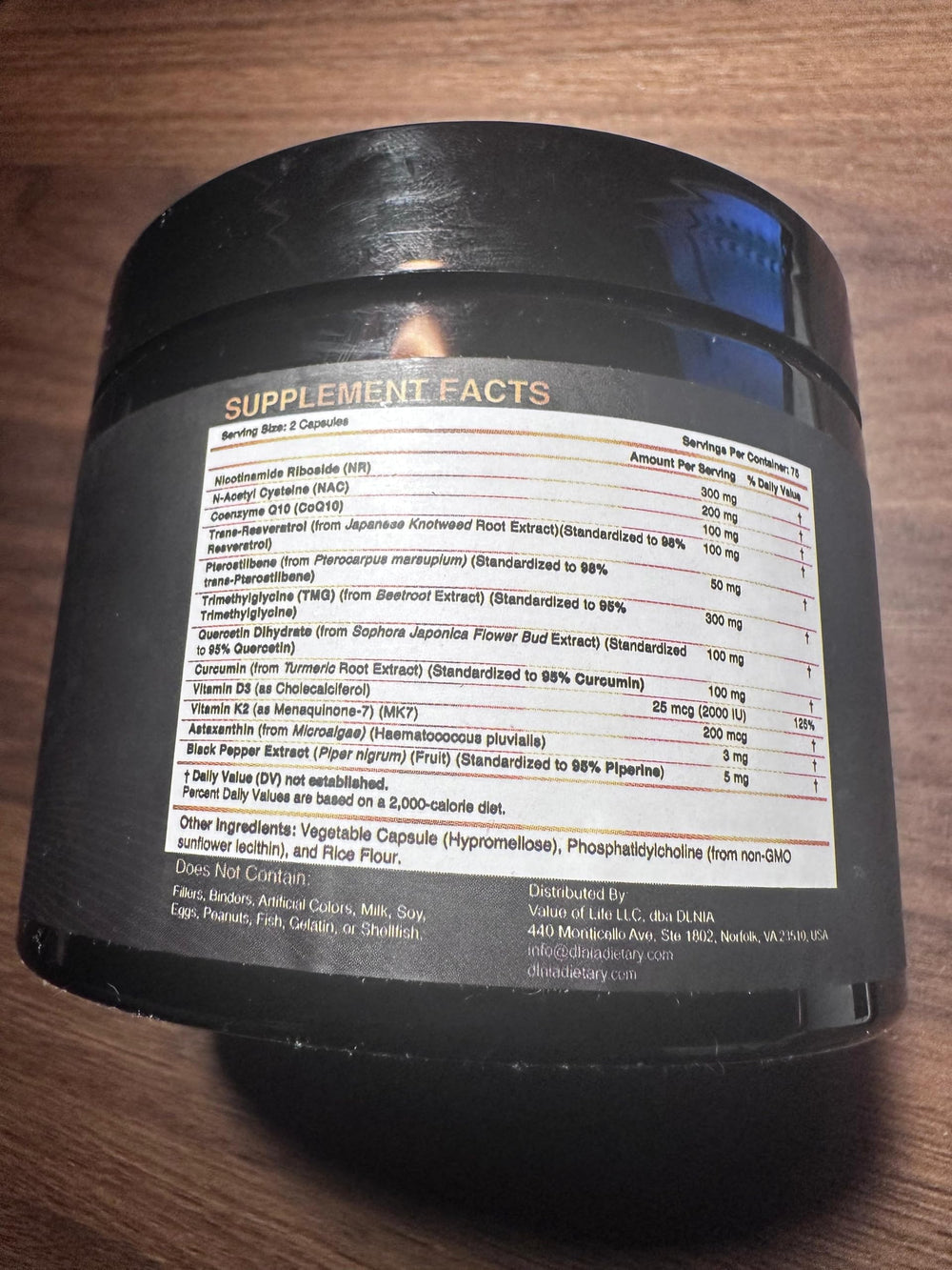 Supplement facts panel for DLNIA Liposomal NAD+ NR