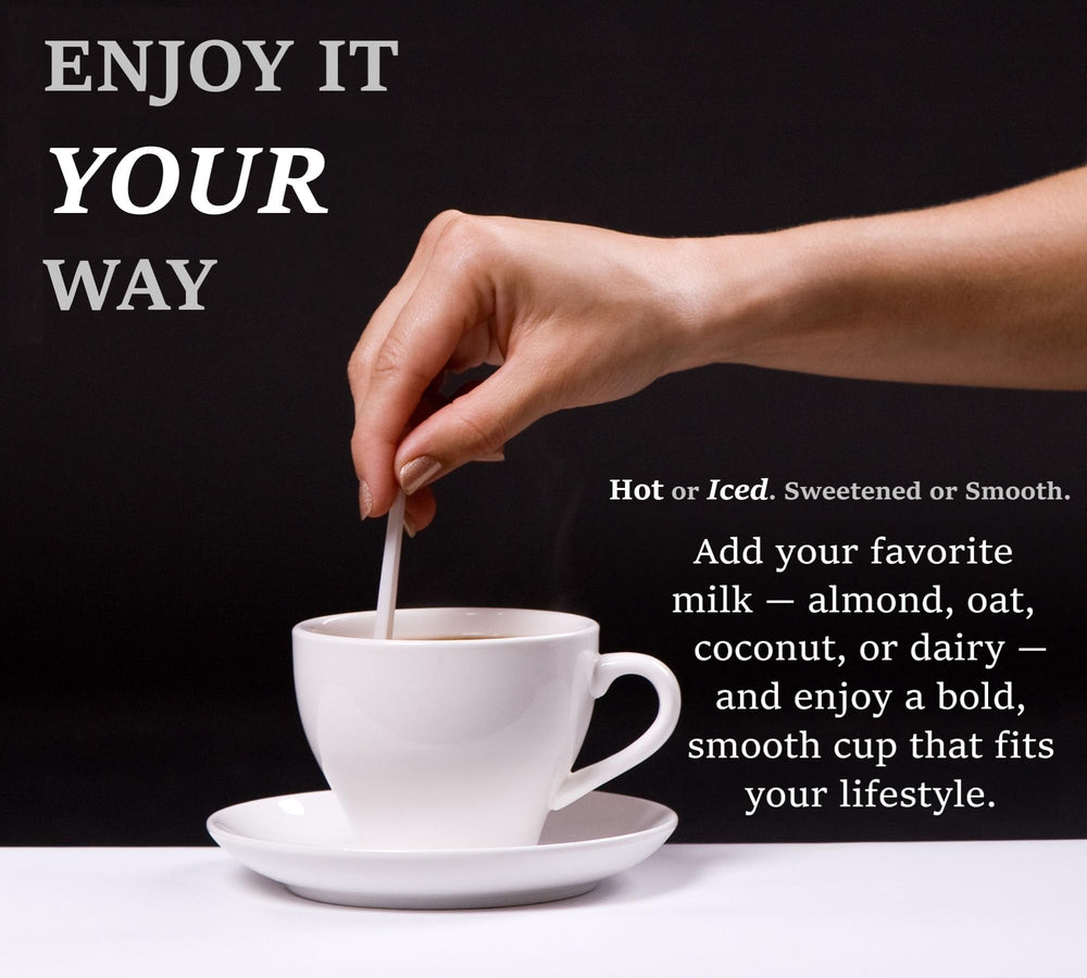 Serving of DLNIA mushroom coffee ready to drink