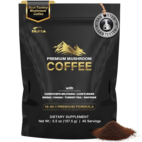 DLNIA Organic Mushroom Coffee packaging featuring 12 adaptogens